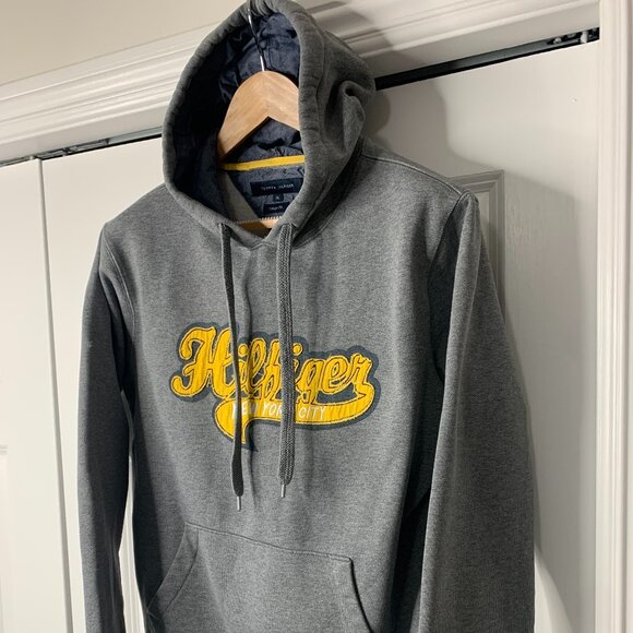 Tommy Hilfiger XL Grey Hoodie Vintage Style NYC Embroidery Logo Cuff Sweatshirt - Picture 4 of 16
